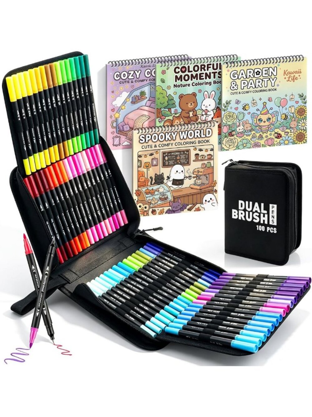 100 Color Dual Brush Markers & 4 Spiral Bound Adult Coloring Books Set